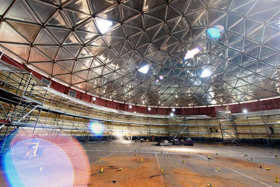 Inside one of the containment liners, the dome and three rings of scaffolding