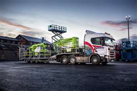 Two NiftyLift booms on a Speedy Powered Access transport trailer